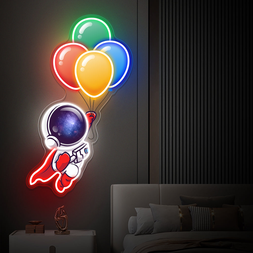 Astronaut Holding Balloons to Space Neon Sign