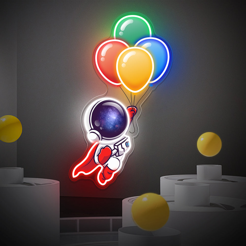 Astronaut Holding Balloons to Space Neon Sign