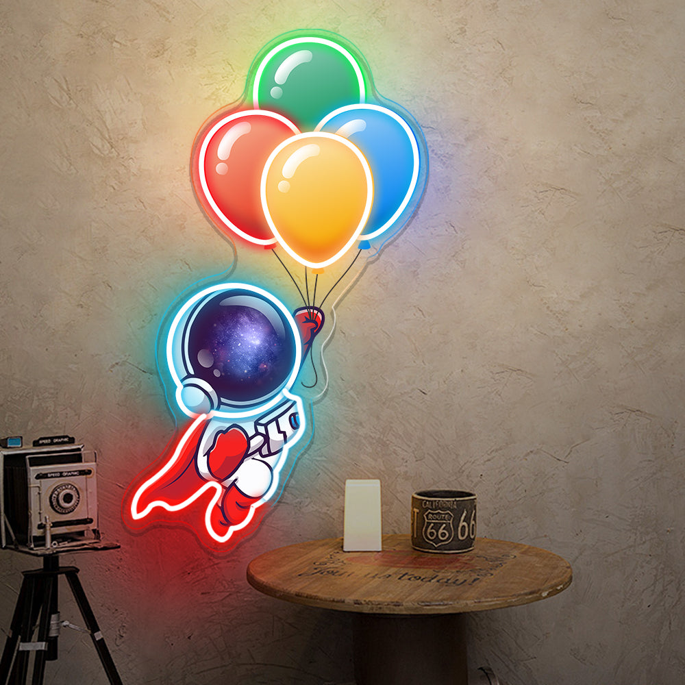 Astronaut Holding Balloons to Space Neon Sign