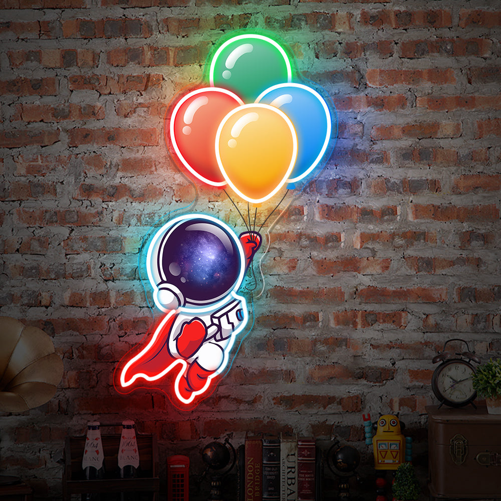Astronaut Holding Balloons to Space Neon Sign