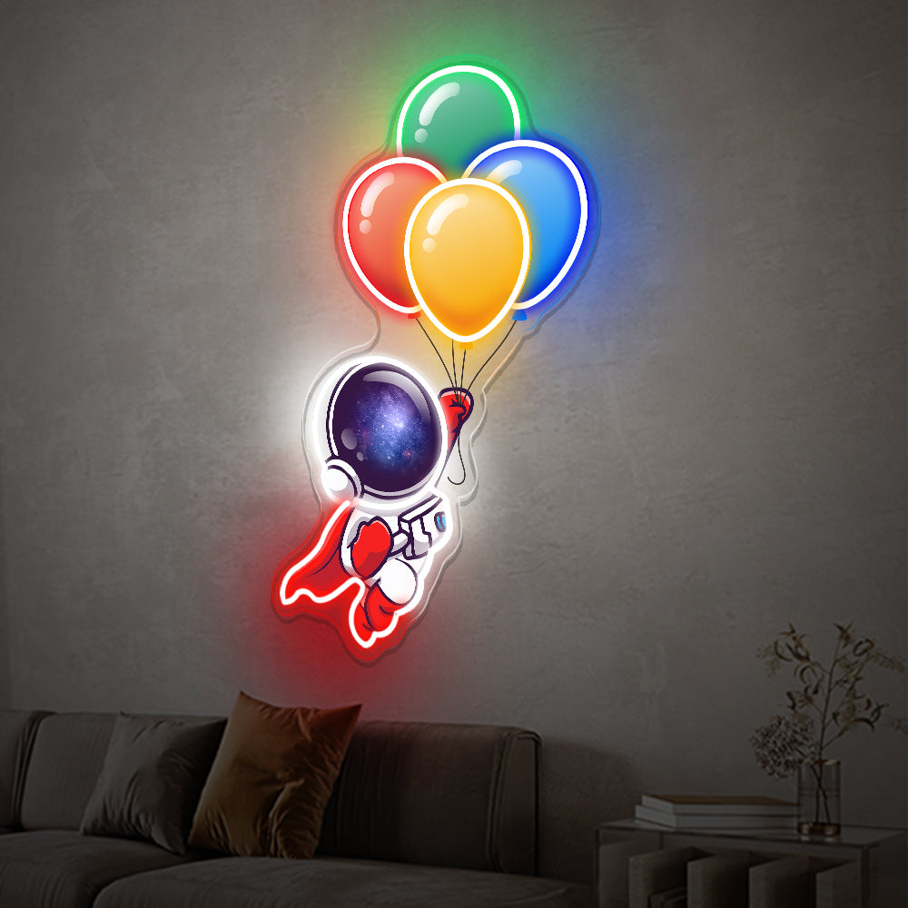 Astronaut Holding Balloons to Space Neon Sign