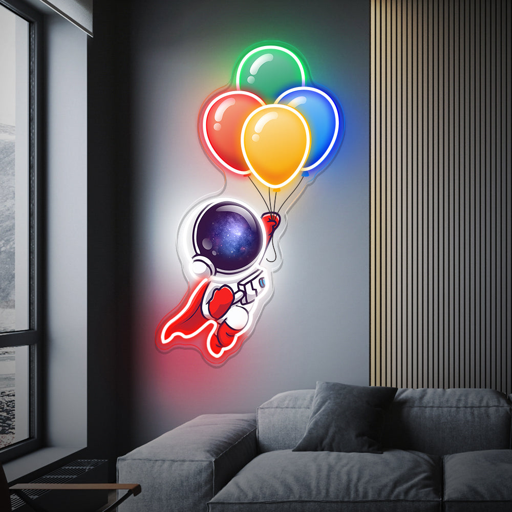 Astronaut Holding Balloons to Space Neon Sign