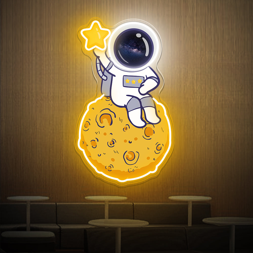 Astronaut On Moon With Star Neon Artwork