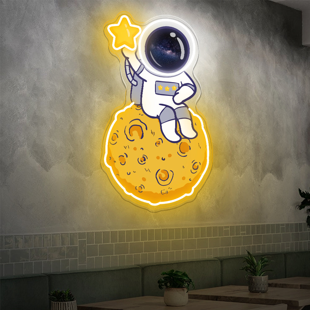 Astronaut On Moon With Star Neon Artwork