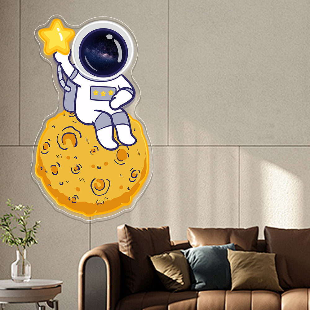 Astronaut On Moon With Star Neon Artwork