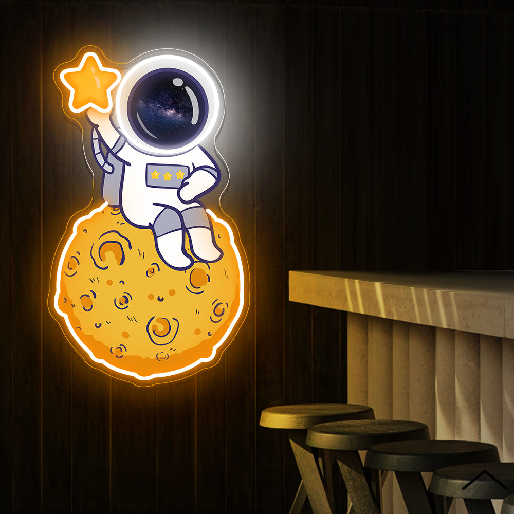 Astronaut On Moon With Star Neon Artwork