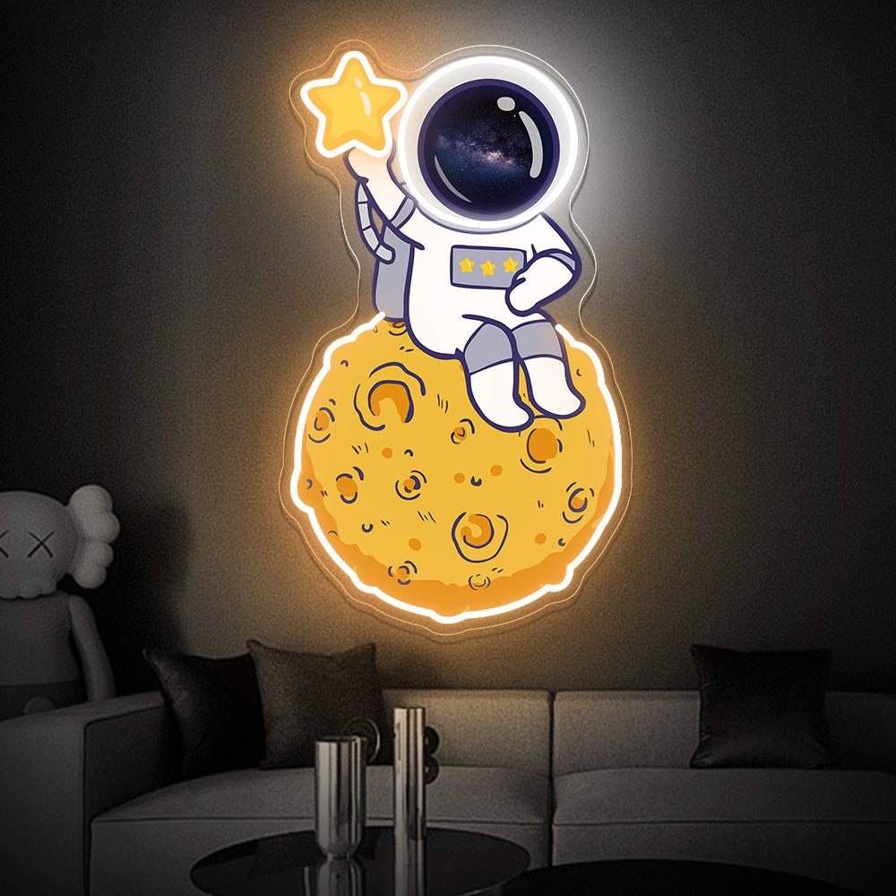 Astronaut On Moon With Star Neon Artwork