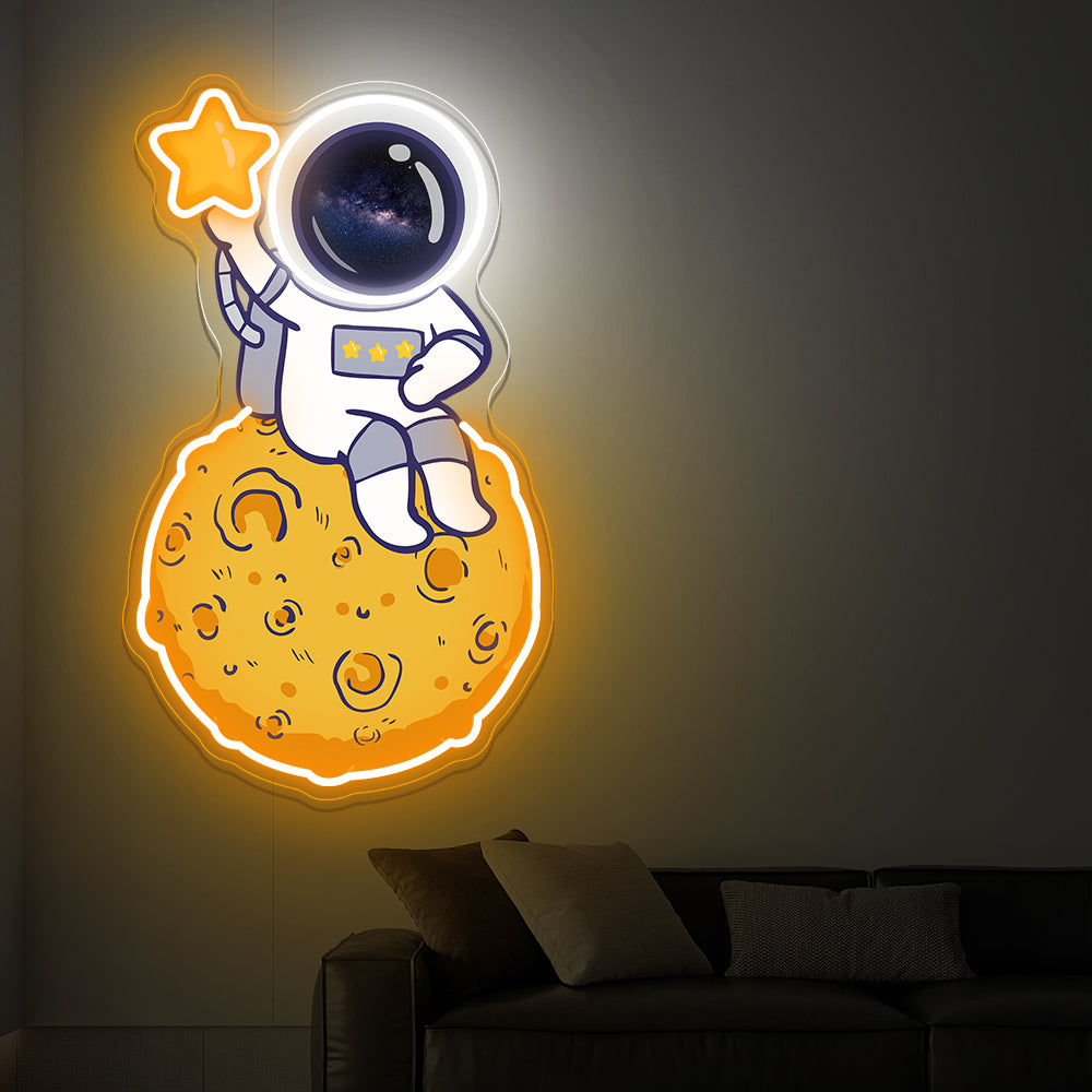 Astronaut On Moon With Star Neon Artwork