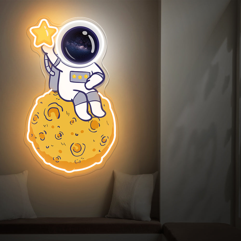 Astronaut On Moon With Star Neon Artwork