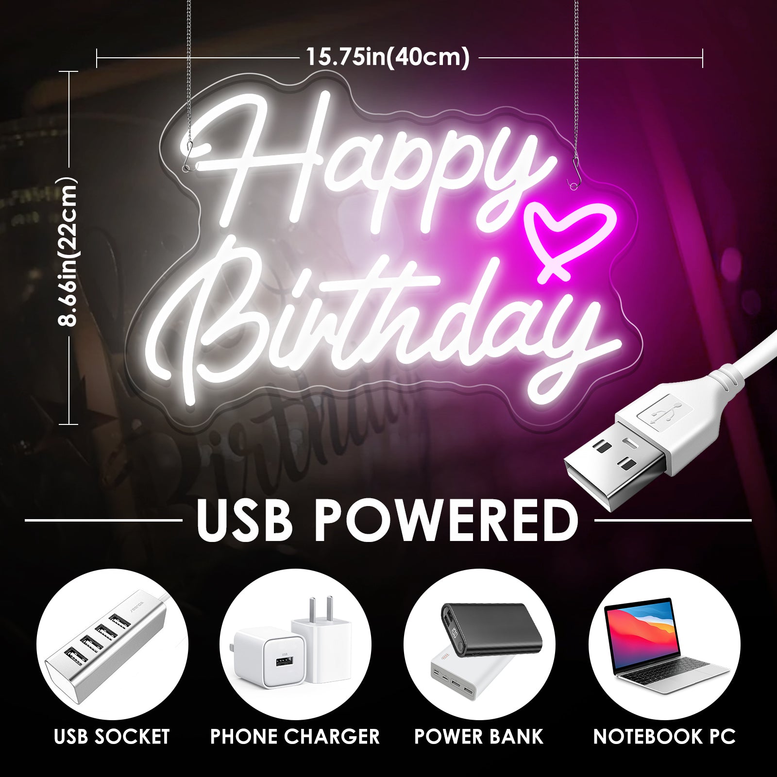 Happy Birthday with Heart Neon Sign