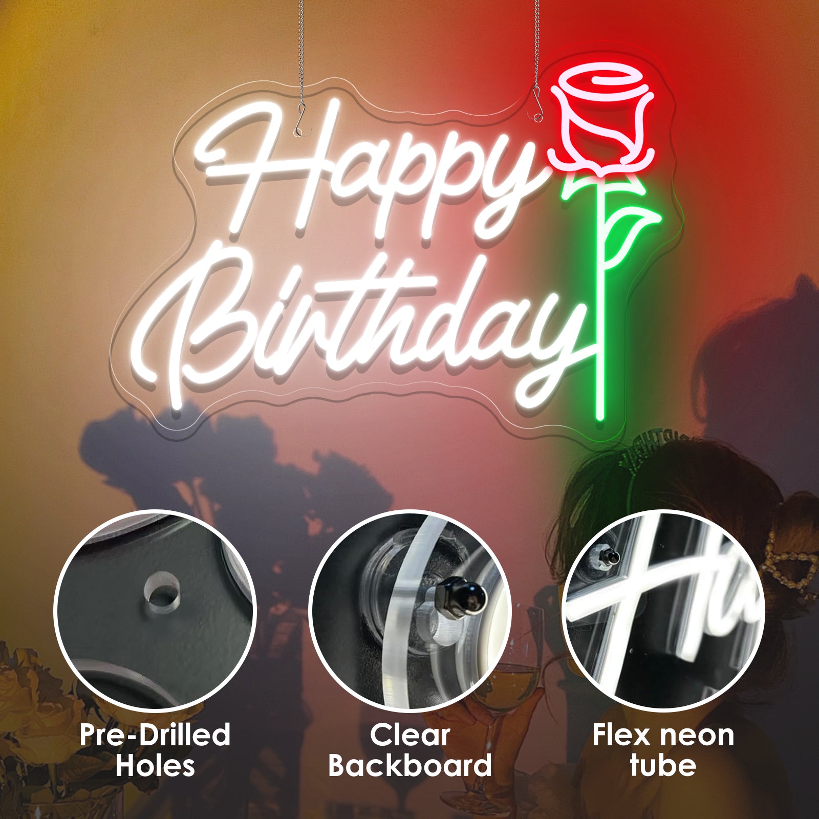 Happy Birthday with Rose Neon Sign