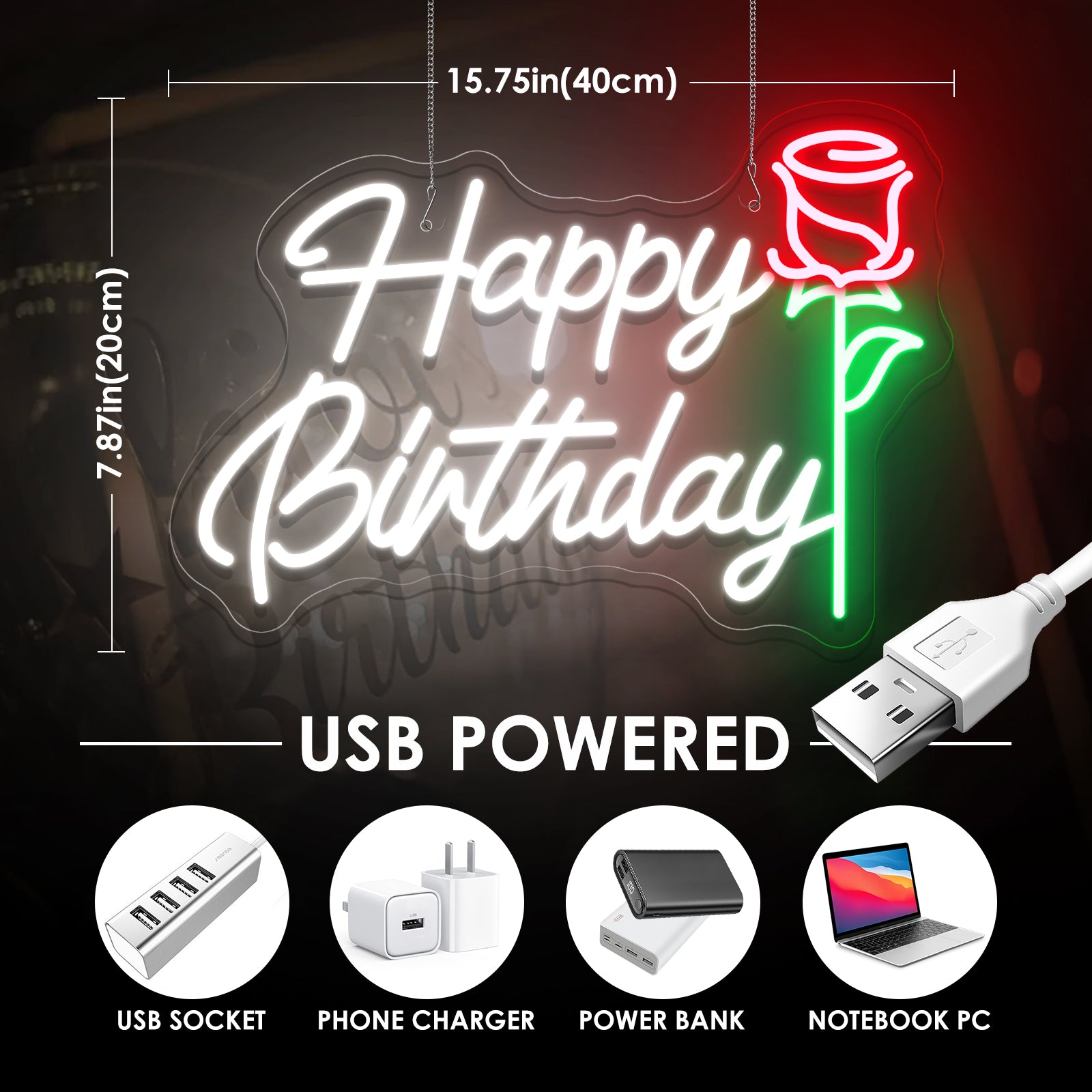 Happy Birthday with Rose Neon Sign