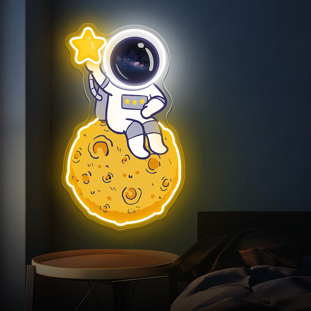 Astronaut On Moon With Star Neon Artwork