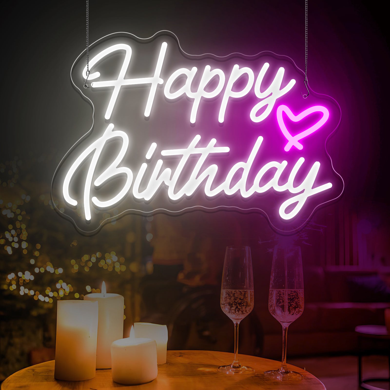 Buon compleanno con cartello al neon cuore