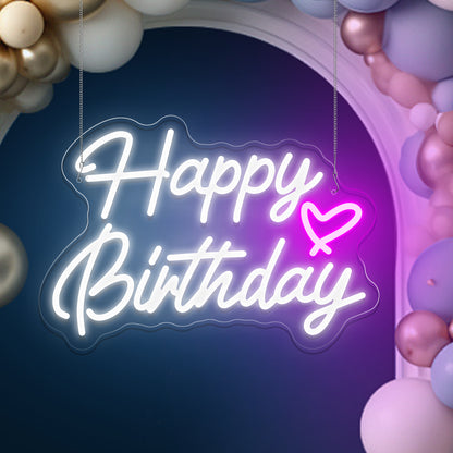 Buon compleanno con cartello al neon cuore