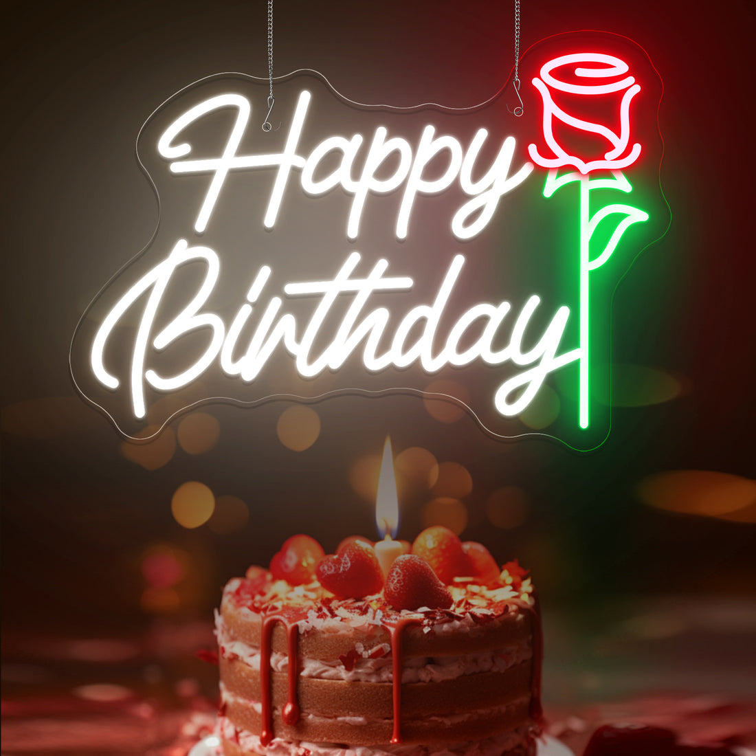 Happy Birthday with Rose Neon Sign