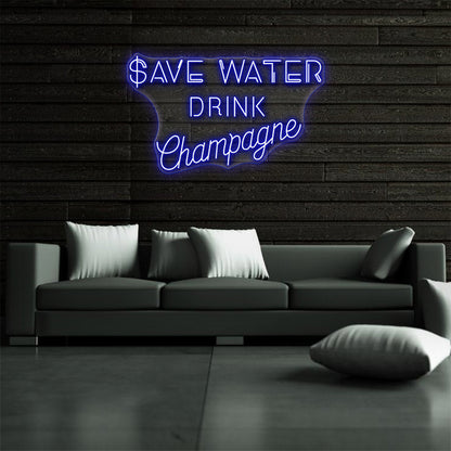 Ahorrar agua bebida champán letrero de neón