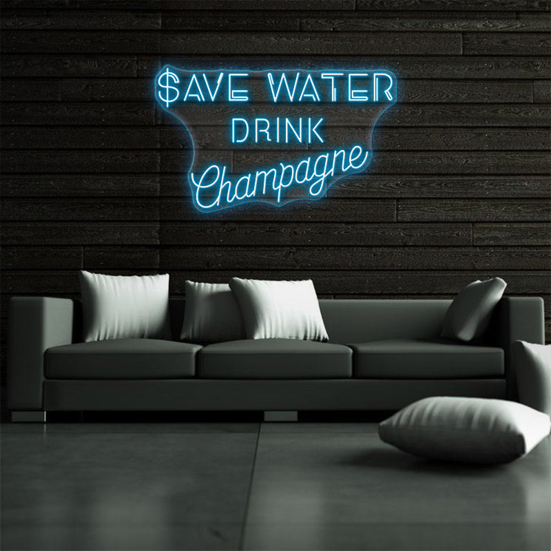 Ahorrar agua bebida champán letrero de neón