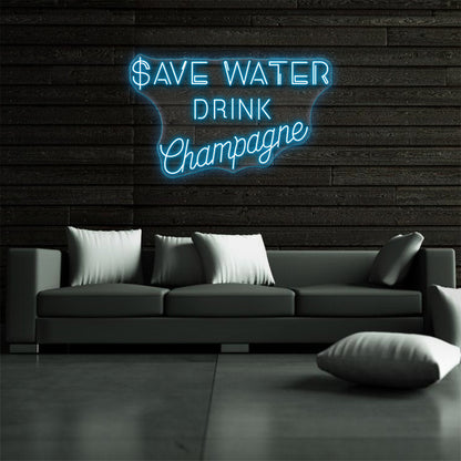 Ahorrar agua bebida champán letrero de neón