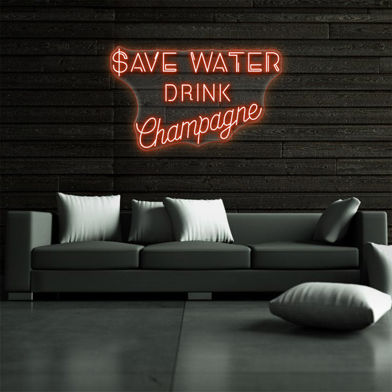 Ahorrar agua bebida champán letrero de neón