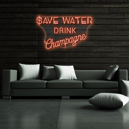 Ahorrar agua bebida champán letrero de neón