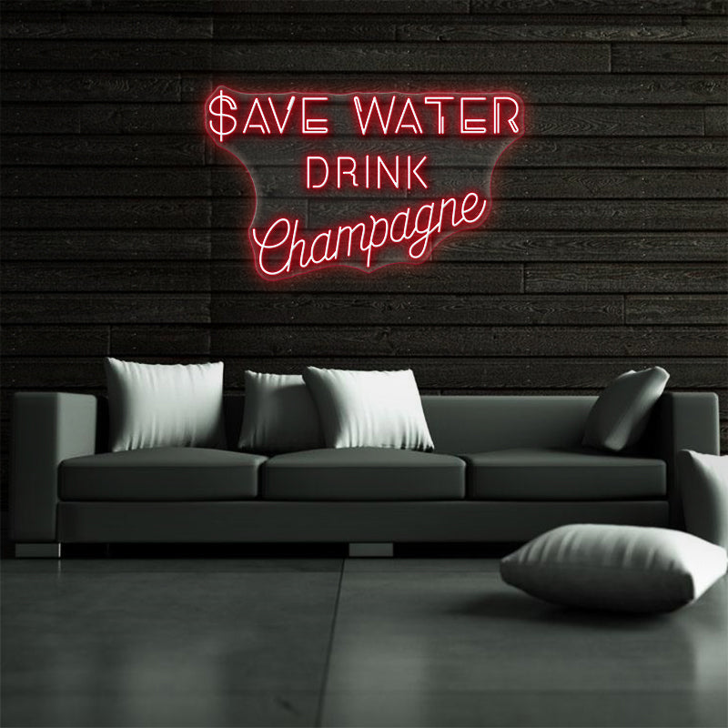 Ahorrar agua bebida champán letrero de neón