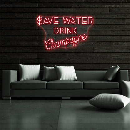 Ahorrar agua bebida champán letrero de neón
